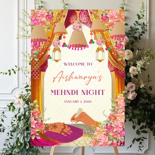 Mehndi Night Welcome Sign Indian Wedding Welcome Sign Mehndi Welcome Sign for Indian Wedding Custom Bride Event Sign Floral Cultural Ceremony Decoration (Version 3)
