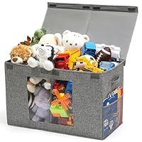 NETANY Clear Window Toy Box & Toy Chest with Lid - Large Toy Storage Organizer, CollapsibleToy Bin with Mesh Pockets for Boys, Girls, Playroom,Living Room Area Organization 25"x13" x16" (Linen Gray)