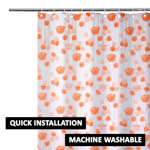 Image of Kuber Industries Shower Curtain | 7 Feet | Bathroom Shower Curtain | AC Curtains | PVC Waterproof Window Curtain | Curtains for Bathtub | 8 Rings Curtain | Orange Gulab | Blury Transparent