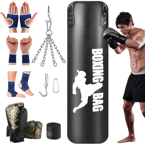 Boxsack Hängend Set, Boxsack Gefüllt für Erwachsene Kinder, 120cm Box Sack für Zuhause mit Boxhandschuhen, Wraps, Kette,Deckenhaken, Schwere Boxsäcke Kickboxsack für MMA Muay Thai Karate Taekwondo Boxsack Hängend Set, Boxsack Gefüllt für Erwachsene Kinder, 120cm Box Sack für Zuhause mit Boxhandschuhen, Wraps, Kette,Deckenhaken, Schwere Boxsäcke Kickboxsack für MMA Muay Thai Karate Taekwondo