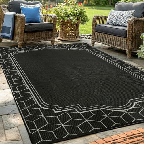 wikiwiki Outdoor Rug, 6x9ft Waterproof Reversible Mat Indoor Outdoor Rugs Carpet, Small Area Rug Plastic Straw Rug for Patio Deck Balcony Pool RV Camping Beach Picnic, Black, Rugscape Series