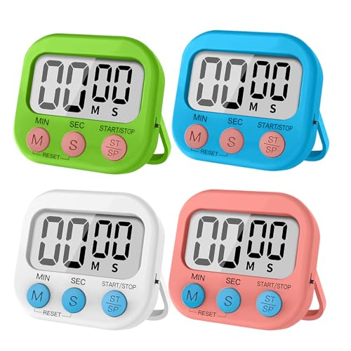 SJACXANM Minuteur De Cuisine, 4PCS Minuteur, Digital Kitchen Timer Magnetic, Timer avec Grand écran LCD, 4 Couleurs avec Support Pliable Convient,...