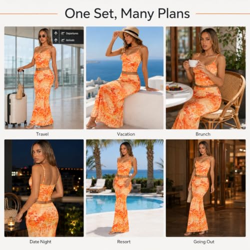 Image of Two Piece Skirt Set Women Maxi Long Skirt and Top Outfit | Soft stretchy 5 pc, slim bodycon, adjustable spaghetti straps, ruched crop tank, elastic waist, going out, beach vacation