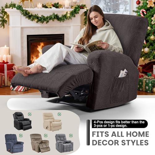 VANSOFY Recliner Chair Covers, 4-Pieces Stretch Recliner Cover Jacquard Soft Reclining Chair Slipcover Furniture Protector with Elastic Bottom for Lazy Boy Recliner(Chocolate) - Image 6