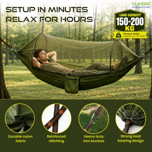 Image of Portable Camping Hammock by Classic Mosquito Net, Dark Green Nylon Hanging Swing with Carabiners for Hiking, Camping, Backpacking & Outdoor Travel