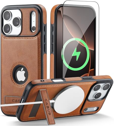 Image of Casus Designed for iPhone 17 Pro Case Compatible with MagSafe Kickstand Vegan Leather Slim Classic Luxury Elegant Protective Cover with Tempered Glass Screen (2025) 6.3 inch - Brown