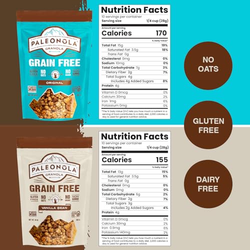 Image of Paleonola Original & Vanilla Bean Grain-Free Granola, Variety Pack of 2 (10 Oz Resealable Bag Each) - Gluten, Soy, and Dairy-Free, Grainless Paleo Granola - Perfect for Breakfasts or Smoothie Toppings