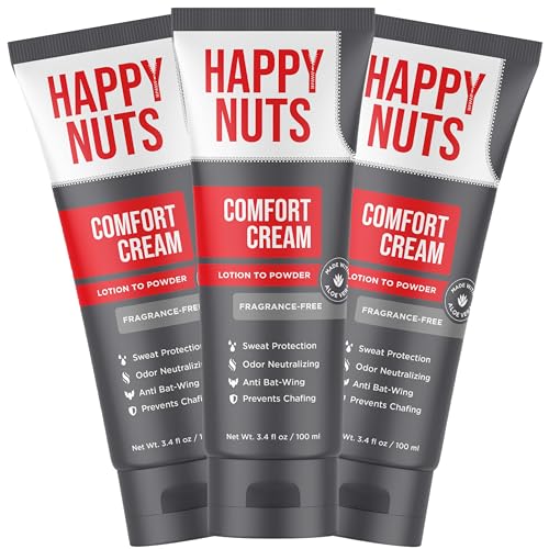 HAPPY NUTS Comfort Cream Deodorant For Men: Anti-Chafing Sweat Defense, Odor Control, Aluminum-Free Mens Deodorant &amp; Hygiene Products for Men's Private Parts 3.4 Fl Oz (3 Pack), Fragrance-Free