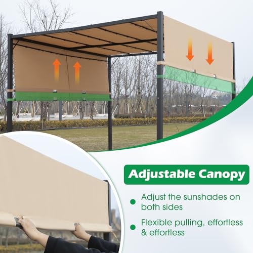10'x10' FT Heavy-Duty Outdoor Pergola Aluminum Pergola with Retractable Sun Shade Canopy and Solar LED Lights, for Garden, Deck, and Backyard (TAN)