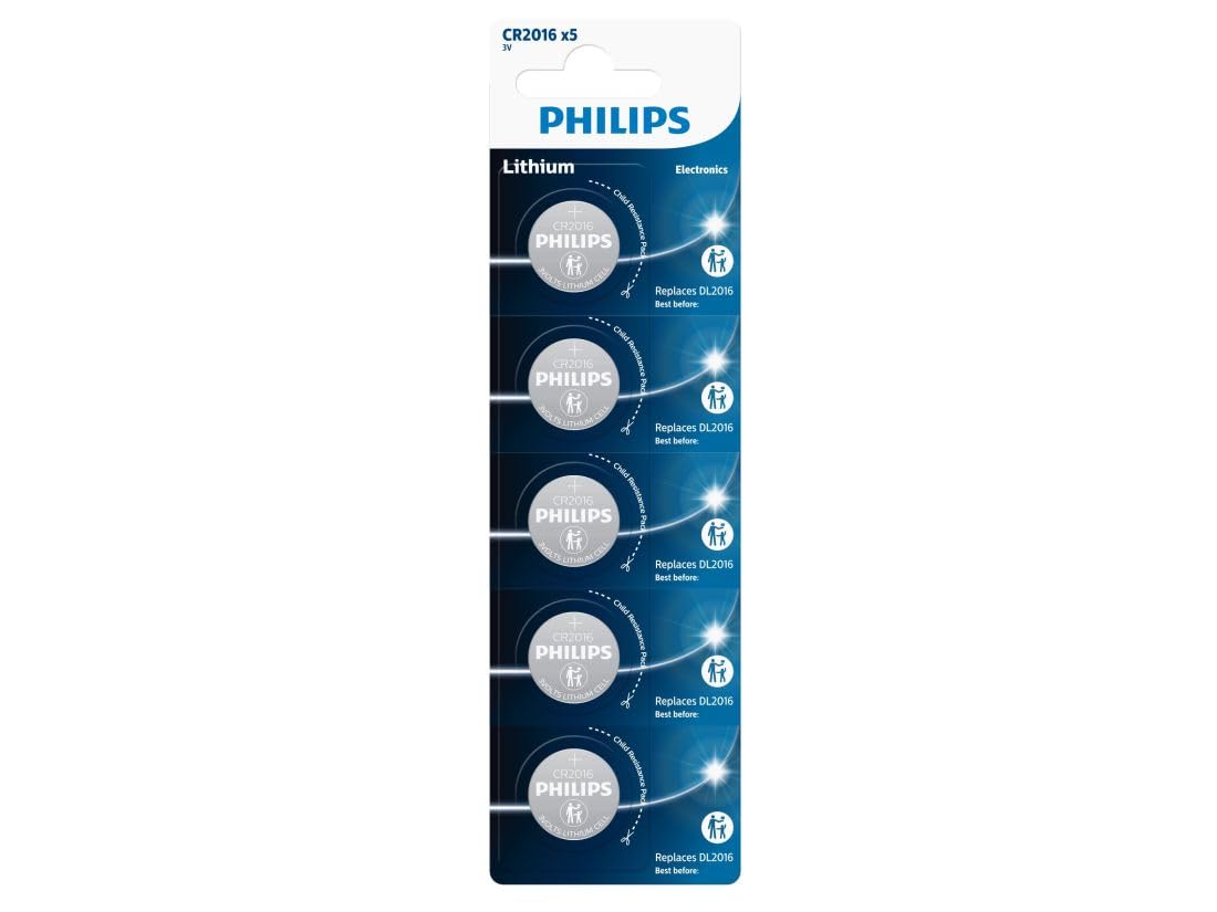Pack de 5 Pilas de Botón Philips CR2016P5/01B Lithium/ 3V