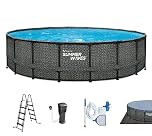 Summer Waves Frame Pool Komplettset | Rund 549x132 cm Rattan Optik Grau | Aufstellpool Set | Gartenpool & Schwimmbecken inkl. Filterpumpe, Bodenvlies, Abdeckplane & Einstiegsleiter