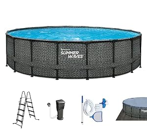Summer Waves Frame Pool Komplettset | Rund 549x132 cm Rattan Optik Grau | Aufstellpool Set | Gartenpool & Schwimmbecken inkl. Filterpumpe, Bodenvlies, Abdeckplane & Einstiegsleiter