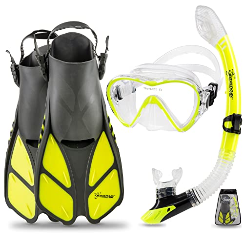 Seavenger Diving Dry Top Snorkel Set with Trek Fin, Single Lens Mask and Gear Bag, S/M - Size 4.5 to 8.5, Gray/Neon Yellow