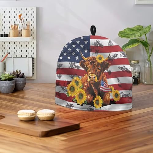 Image of American Flag Highland Cow Tea Pot Cozy for Teapot Insulated Tea Pot Cozies Kettle Quilt Keeping Warm Dust Proof Teapot Cover for July 4th Independence Day Decor