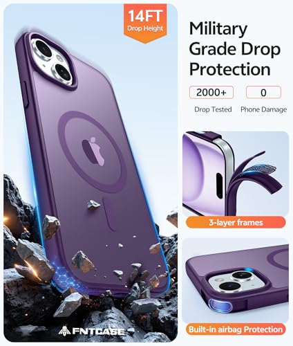 Image of FNTCASE for iPhone 15 Case: for iPhone 14 Case & iPhone 13 Case [Compatible with Magsafe] Translucent Matte Cases with [Screen Protector] Military Grade Shockproof Protective Phone Cover - Purple
