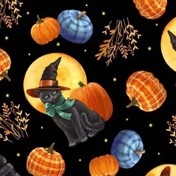 FlashPhoenix Quality Sewing Fabric – Fabrics Abra-cat-dabra Black, Pumpkin Toss Cotton Size: 36" x 44" by The Yard