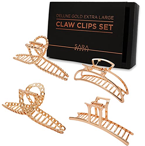 SARA BEAUTY Large Hair Claw Clips for Women Thick Hair, 4 Pcs Gold Metal Large Hair Clips for Women and Girls - Strong & Non-Slip Hair Barrettes Clamp for Thin Hair - Hair Styling Accessories for Women Girls