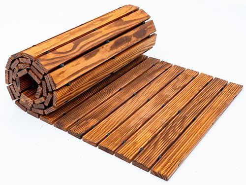 24 in x 8 ft Carbonized Wooden Garden Pathway Roll Out Outdoor Walkway with Anti-Slip Grooves Natural Pine Wood Flexible Roll Up Boardwalk for Lawn Gravel Yard (Rustic 24 x 8 ft)