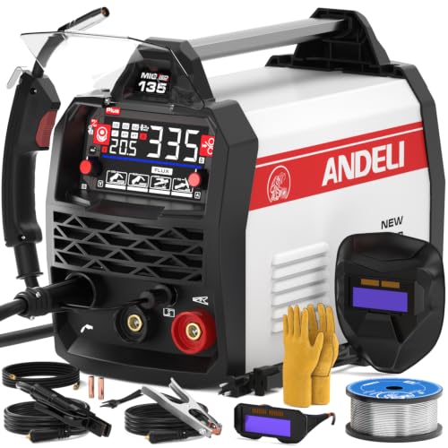 ANDELI 135A MIG Welder 110V/220V, PULSE Flux Core MIG/Lift Tig/Stick 3-in-1 Gasless MIG Welding Machine with Synergy，Large LED Display,2T/4T Full Kit (Bonus Welding Helmet & Gloves)