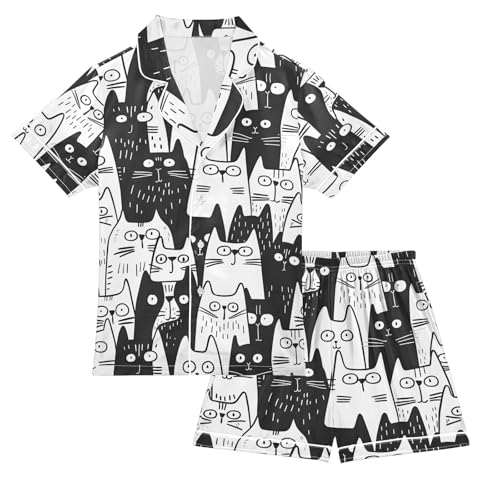 ALAZA Cat Kitten Black White Pajamas Satin Pajama Set Short Sleeve Button Down Sleepwear