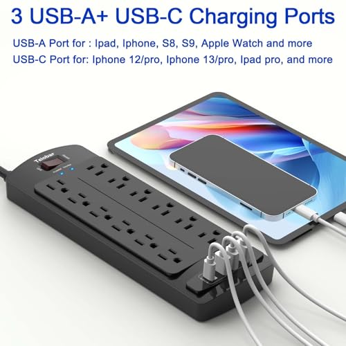 Image of Surge Protector Power Strip, Teiobar 12 Outlets and 4 USB Ports, 6 Feet Extension Cord for Home, Office, Dorm Essentials, 2700 Joules, ETL Listed, Black