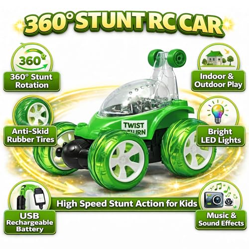 Image of SMART BOY Rechargeable 360 Stunt Remote Control Car for Kids with LED Lights, USB Charging, Anti-Skid Rubber Tires, 4WD RC Toy Indoor Outdoor Toy Gift for Boys Girls Age 3 4 5 6 7+ Years 9802GREEN