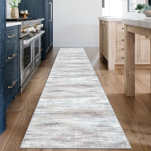 KOZYFLY Modern Abstract Kitchen Runner Rug, 2x12 Washable Rug Runner Non-Slip Soft Striped Hallway Runner Rugs, Beige Print Distressed Carpet Runner for Entryway Bathroom Laundry Room Foyer