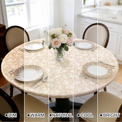 Image of Smiry Waterproof Heavy Duty Vinyl Fitted Tablecloth for 31 inch-35 inch Round Table | Elastic Plastic Table Cloth, Wipeable Washable Floral Patio Table Cover for Picnic, Kitchen and Dining, Beige