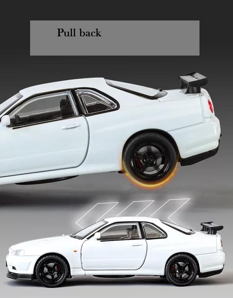 Image of Scale 1:32 Nissan Skyline GTR-R34 - White Alloy Diecast Pullback Metal Car Toy with Sound Light & Opening Doors - Best Gift Toy for Kids