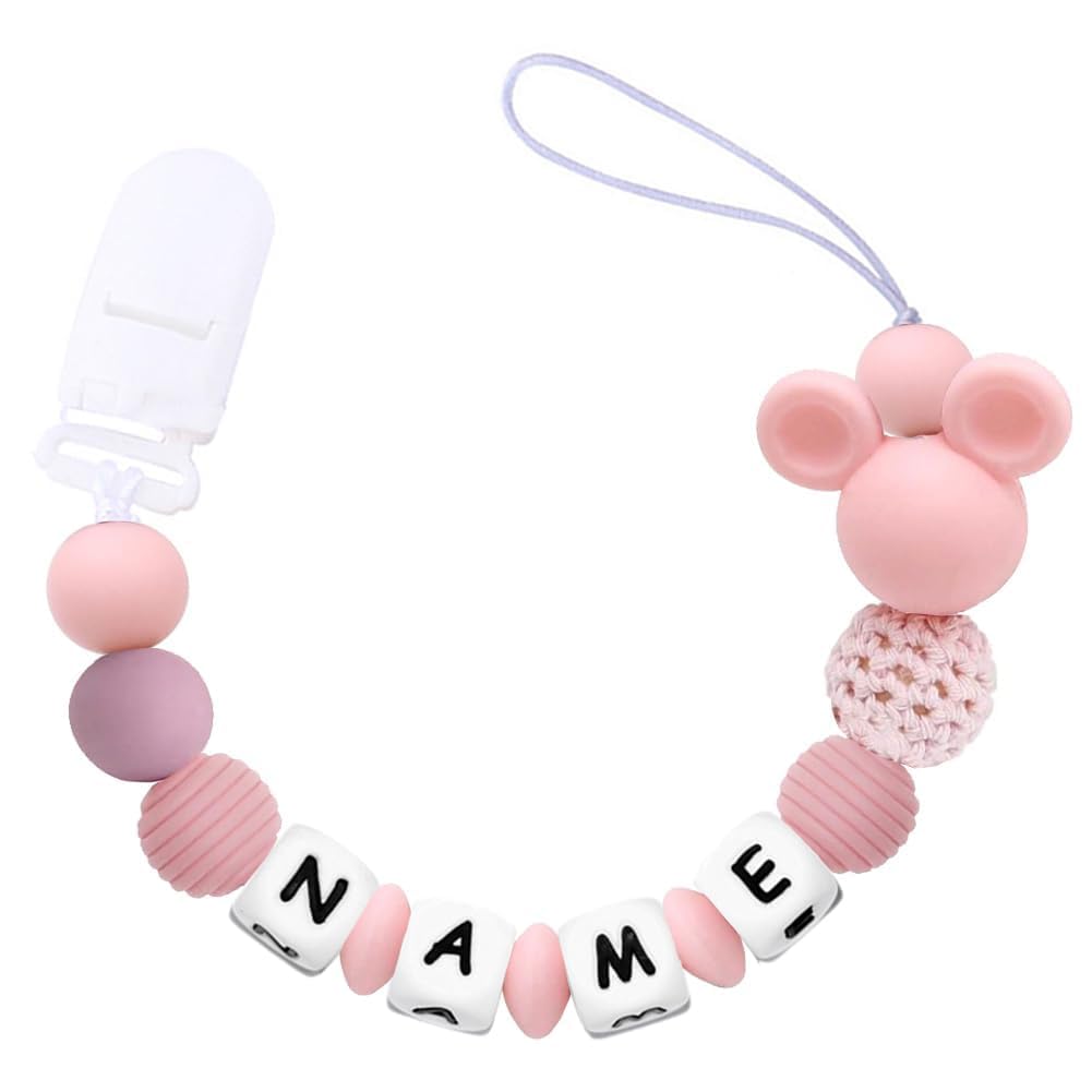 Pacifiers Clips Personalize Name Dorable Mouse Design Pacifier Clips Holder, Custom Pacifier Chain with Name for Baby