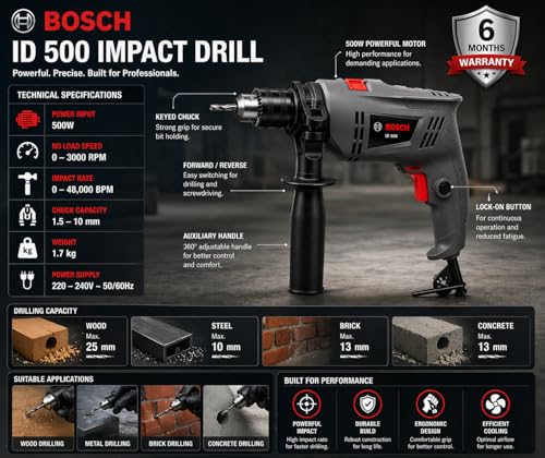 Image of Bosch Professional STANDARD LINE ID 500 Impact Drill, 500W, 10mm Chuck, 3000 RPM, 1.7kg| 6 Months Warranty