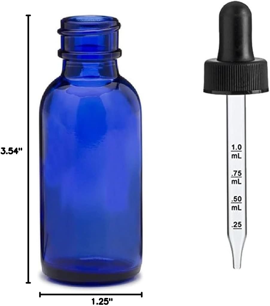 72 Pcs, 30ml [1 oz] Cobalt Blue Boston Round Bottle 20-400 CRC [Child Resistant Cap] Glass Dropper with Graduated Marks 7X76mm