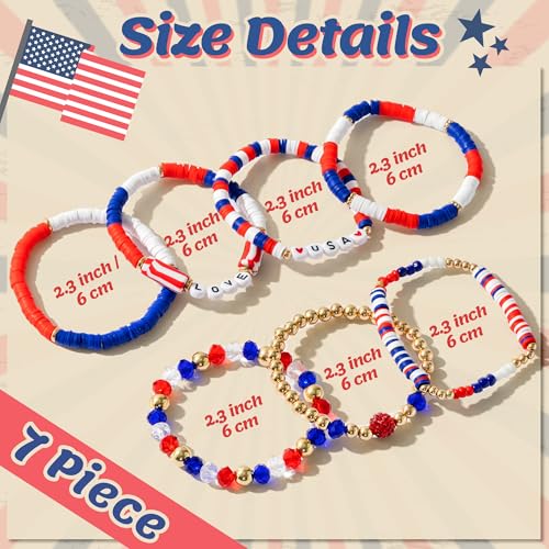 Y1tvei American Flag Bracelet for Women - 4th of July Accessories Chains Red White and Blue Clay Beaded Stretch Bracelet Preppy American Patriotic USA Love Flag Stretchable Jewelry Gifts for Women Men3