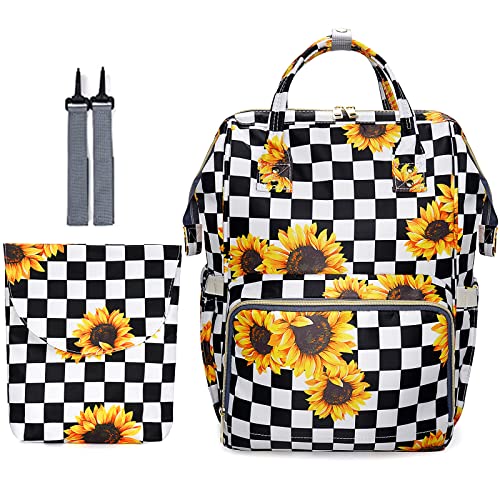 Image of MCWTH Checkered Sunflower Diaper Bag Backpack Set for Baby Girls Mom, Large Capacity Multi-Function Nappy Bags Organizer