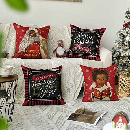 Avoin Colorlife Merry Christmas Black Santa Claus Girl Throw Pillow Cover, 18 X 18 Inch Winter Holiday It's The Most Wonderful Time Of The Year Cushion Case Decoration For Sofa Couch Set Of 4 #TOP1