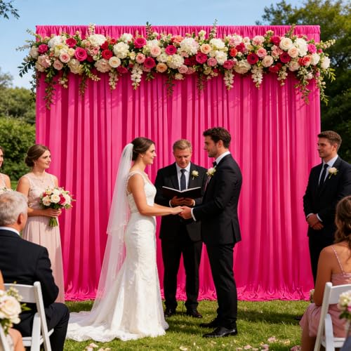Image of 10ft x 10ft Fuchsia Backdrop Curtains for Parties, Polyester Fabric Backdrop Drapes with Rod Pockets for Weddings, Birthday, Halloween, Photography, Christmas Party Background Curtain, 2 Panels