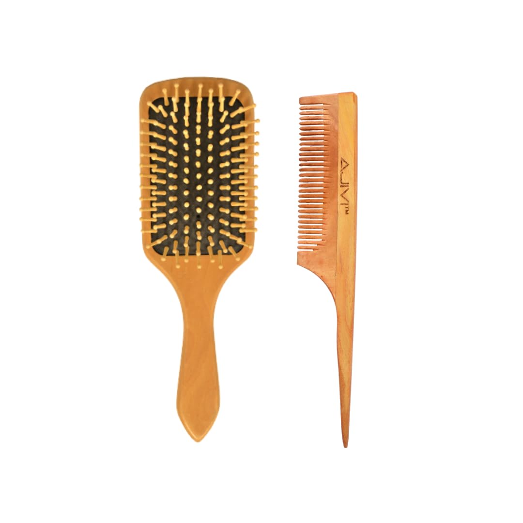 AJIVI Neem Wood Hair Brush (Paddle Brush) and Neem Wood Detangling Tail Comb Kangha for Hair Growth, Hairfall Control, Dandruff Control, Non-static, Eco Friendly For Men, Women | For all Hair Type