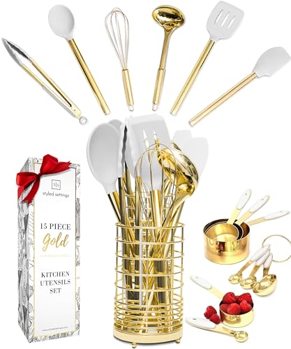 Styled Settings White and Gold Kitchen Utensils Set - 15-Piece BPA free, Non-Scratch, Utensils Set Includes White Silicone Cooking Utensils and Measuring Cups and Spoons
