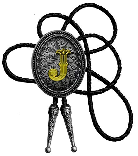 Moranse Bolo Tie Silver Initial Letter A To Z In Western Cowboy Oval Medal Style With Cowhide Rope Necktie(J) #TOP22