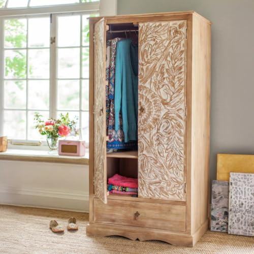 Image of The Attic Jodhpur Carving Wardrobe, Solid Wood Multiple Utility Storage, Cupboard Organiser, Clothes Organizer, Wardrobe for Clothes Wooden, almirah for Clothes Wooden, Natural + White Matte Finish