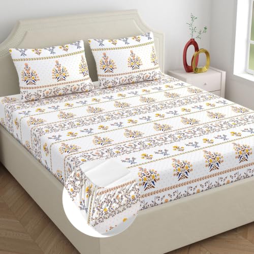 Image of Home Ecstasy 100% Cotton King Fitted Bedsheet with 2 Pillow Covers - (Size 72 x 78 inches, 140 TC, Colour - Brown)