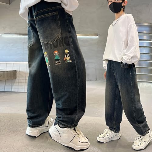 Boys Baggy Jeans Vintage Straight Wide Leg Denim Pants Kids Elastic Waist Cute Pattern Trousers 2025 Y2K Streetwea4