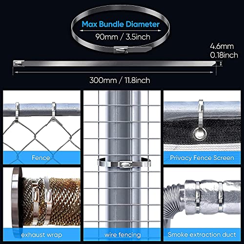 Neojao Metal Zip Ties,100 Pcs 11.8 Inch,304 Stainless Steel Zip Ties Multi-Purpose Metal Cable Ties-Suitable For Outdoor Chain Link Fence And Exhaust Wrap Zip Ties #TOP5