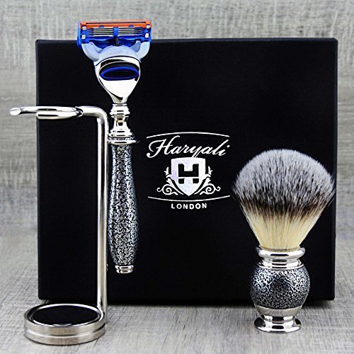 Haryali London Silver Antique męski zestaw do golenia 5 krawędzi brzytwy, pędzel do golenia, stojak na golenie i ołówek Alaun Pencil