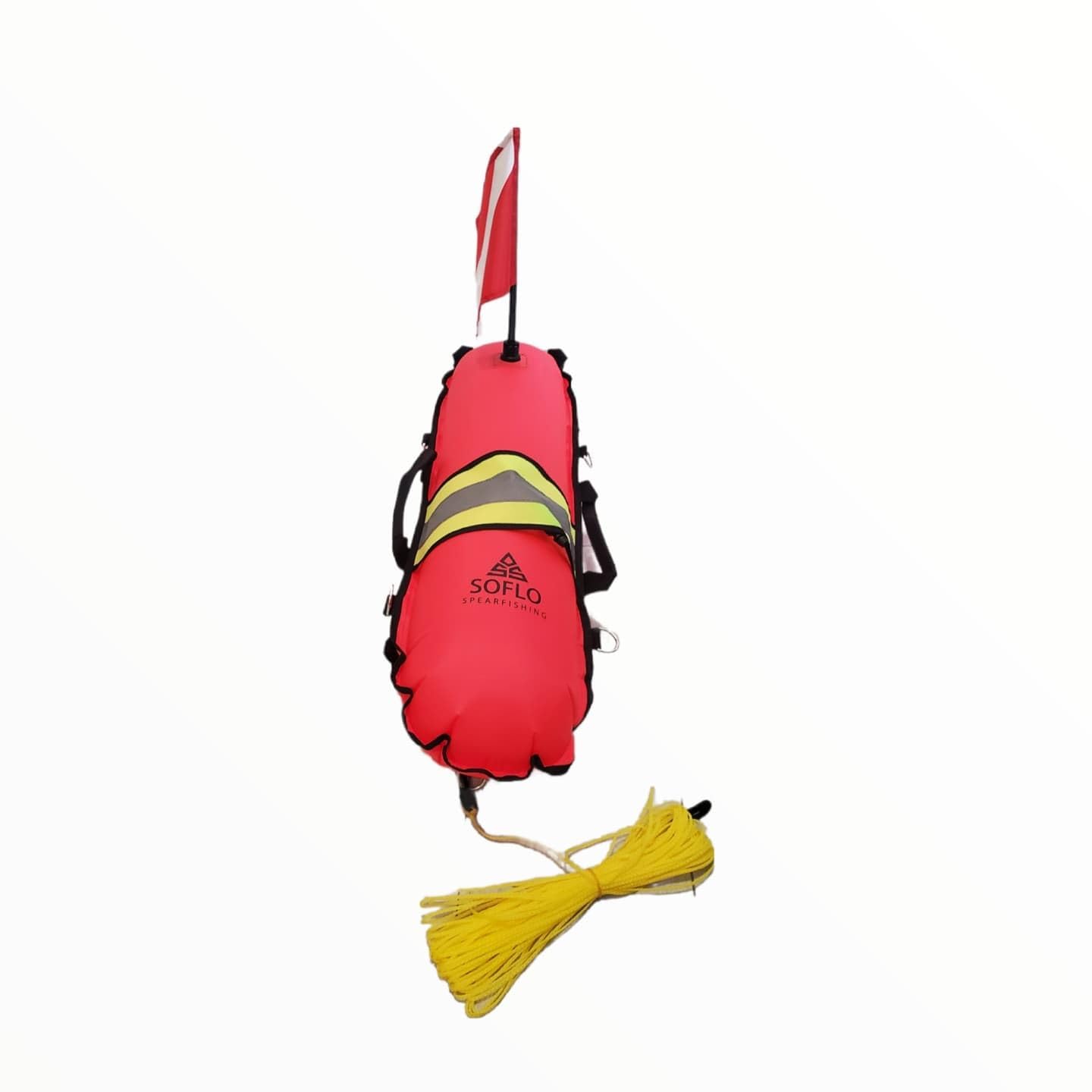 Soflo Spearfishing Hi-Visibility Inflatable Torpedo Buoy Float Signal - Dive Safety Flag - 20m (65 Feet) Dive Line - Scuba Diving Freediving Snorkeling & Swimming - High Visibility Strap