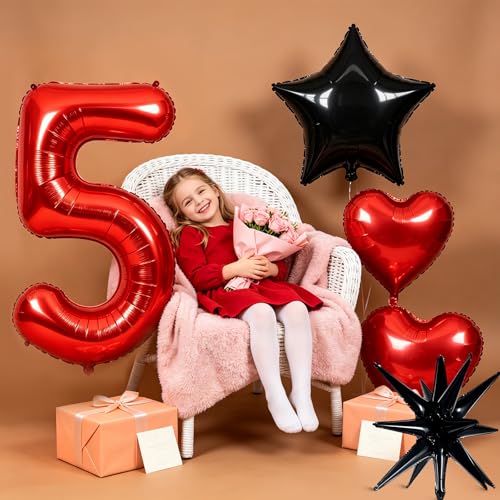 Image of TONIFUL 5th Birthday Balloons Kit 40 Inch Red Large Number 5 Foil Balloon