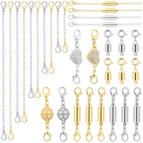 Image of ROADPLUM 30 Pcs Magnetic Necklace Clasp & Extender Chain Set, 5 Styles Strong Magnetic Jewelry Clasp with 5 Sizes Extender for Necklaces Bracelet Connector, Easy to Use for Women, Gold & Silver