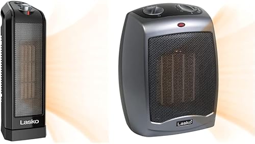 Lasko Calentador de espacio de cerámica oscilante, 15.7 pulgadas, negro, 1500 W, CT16450 y calentador eléctrico de cerámica, 9.2 pulgadas, gris