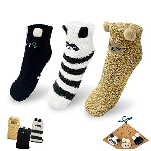 3 Paar Damen Kuschelsocken, Thermosocken Damen, Schöne Geschenkbox Flauschige Bettsocken Plüschsocken, Lustige Warme Wintersocken, Süßes Geschenk für Frauen Damen, Weihnachts (Karikatur) Cover