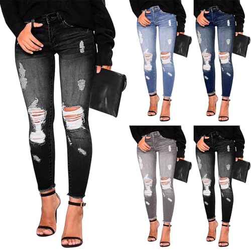 midelxp Ripped Jeans Womens Stretchy Skinny Low Rise Jeans Distressed Boyfriend Denim Pants Ripped Leggings with Pockets